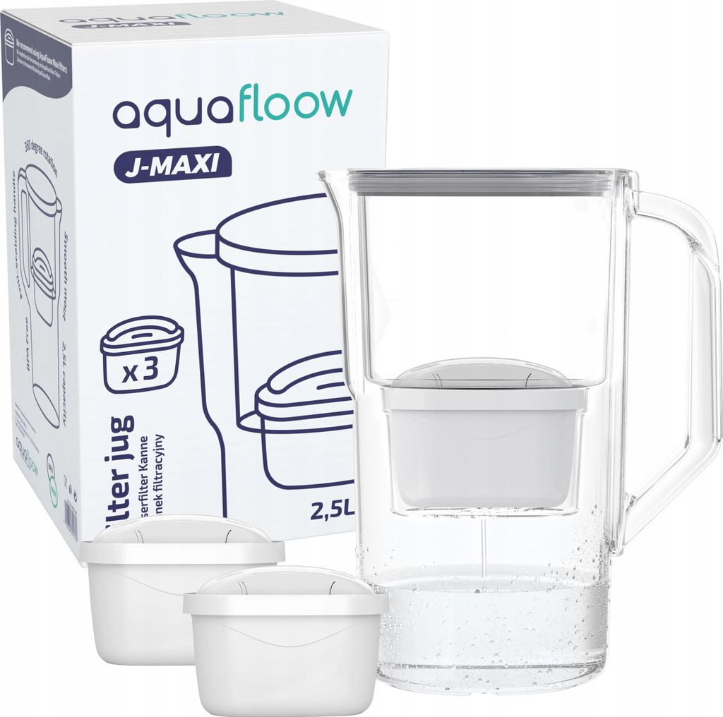 Aquafloow Wasserfilter Kanne J-Maxi (2,5l) inkl. 3x Wasserfilterkartusche - Filter zur Reduzierung von Kalk, Chlor, Blei, Kupfer