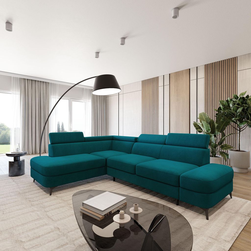 Masseno Ecksofa AVISE MV L-S mit Schlaffunktion L-Form, Sofa mit Bettkasten, Wohnzimmersofa, Couch, Soffa, Bettsofa, Couchgarnitur- Blau, MATT VELV...