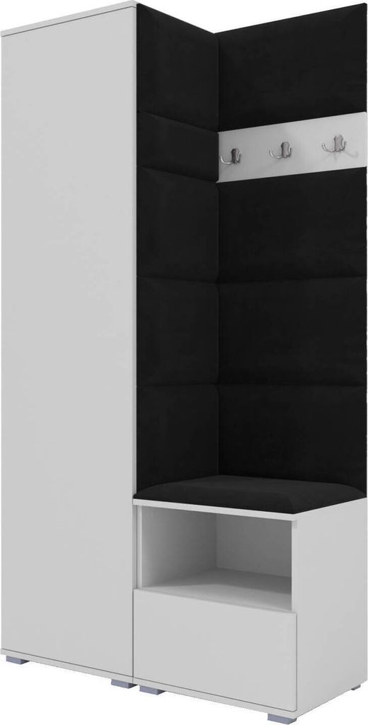 Garderoben-Set Nela I, Polstergarderobe mit Schuhschrank, Dielenmöbel-Set (Farbe: Weiß + Trinity 16 (Schwarz))