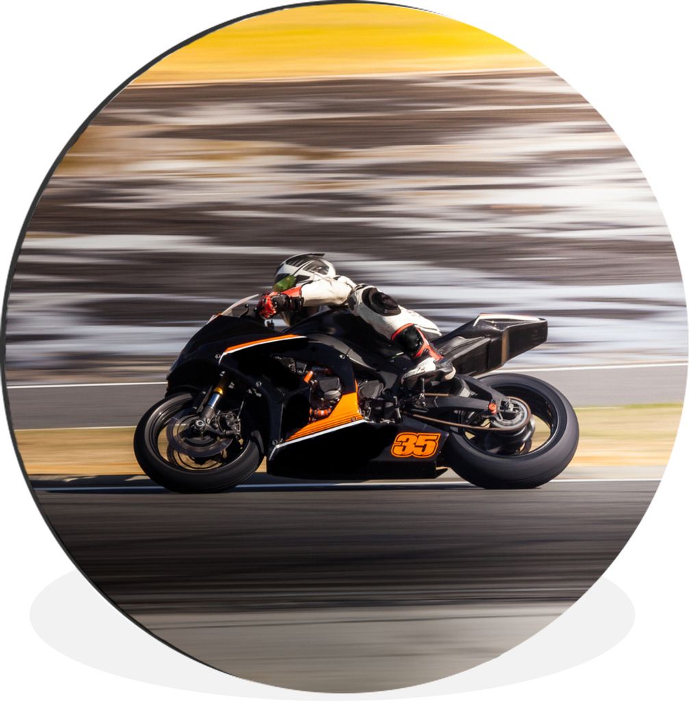 MuchoWow Aluminium Wandkreis Motorrad - Rennstrecke - Orange Ø 90 cm Wanddeko Modern Wohnzimmer - Mauerkreis - Wandbilder - Runde Bild - Bild au...