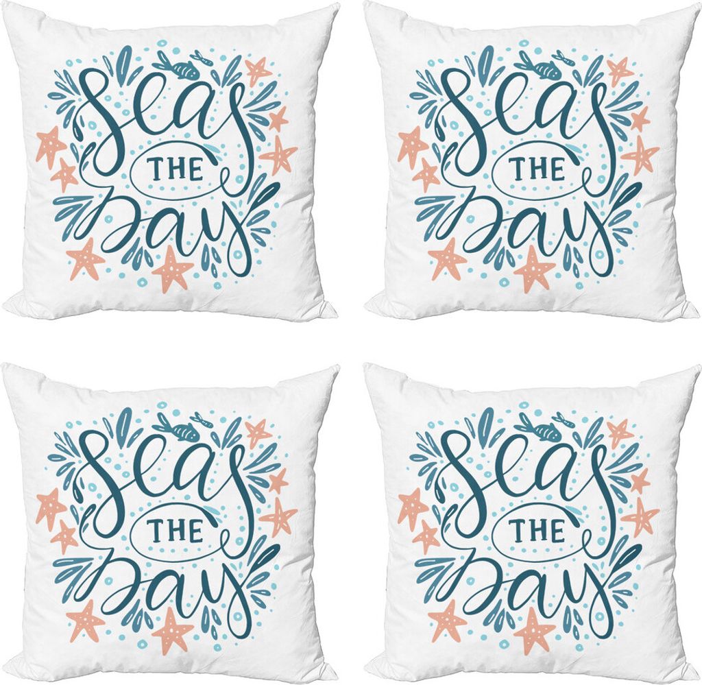 ABAKUHAUS Strand Saying Kissenbezug Set (4 Stück), Meere Tag Seesterne, Moderner Doppelseitiger Digitaldruck, 40 cm x 40 cm, Petrol Blau Hellblau