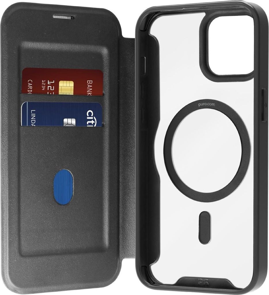 Puro Book Mag MagSafe Lederhülle mit Klappe und Kartenfach für iPhone 16 - Schwarz