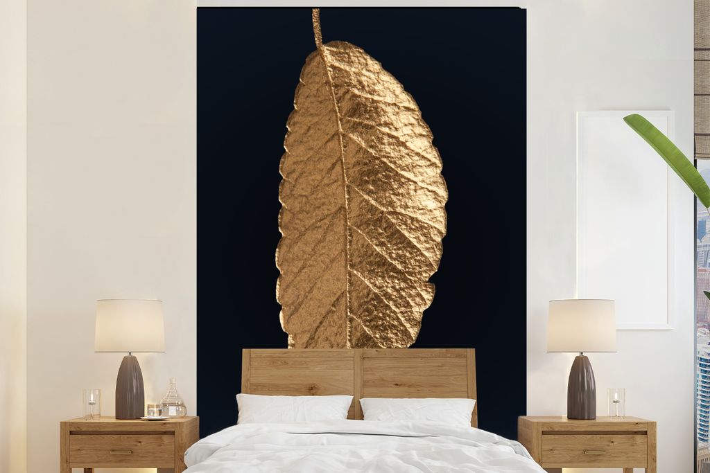 MuchoWow Fototapete für Wohnzimmer oder Schlafzimmer Wandtapete Vinyl Motivtapete Blätter - Schwarz - Gold - Luxus - Natur - 180x280 cm - Wallp...