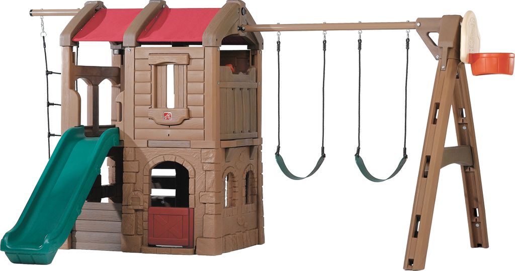 Step2 Naturally Playful Adventure Lodge Spielturm mit Rutsche, Schaukel, Strickleiter & Basketballkorb | XXL Kunststoff Spielplatz mit Spielhaus f...