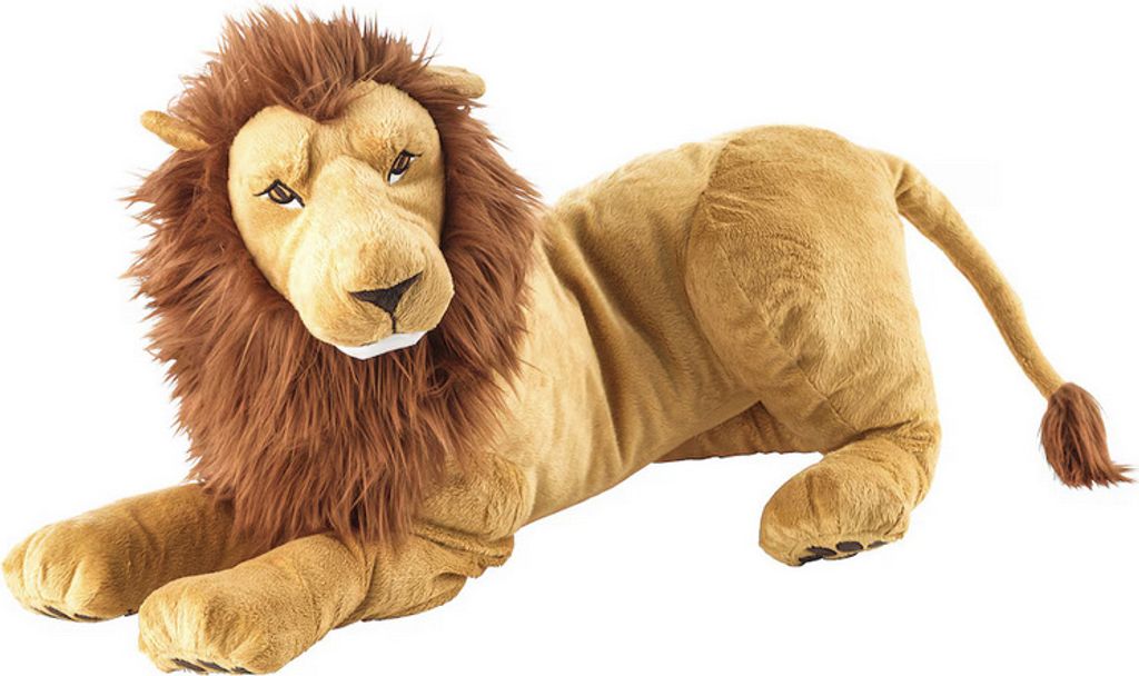 A plush toy lion lying down on a white background.
