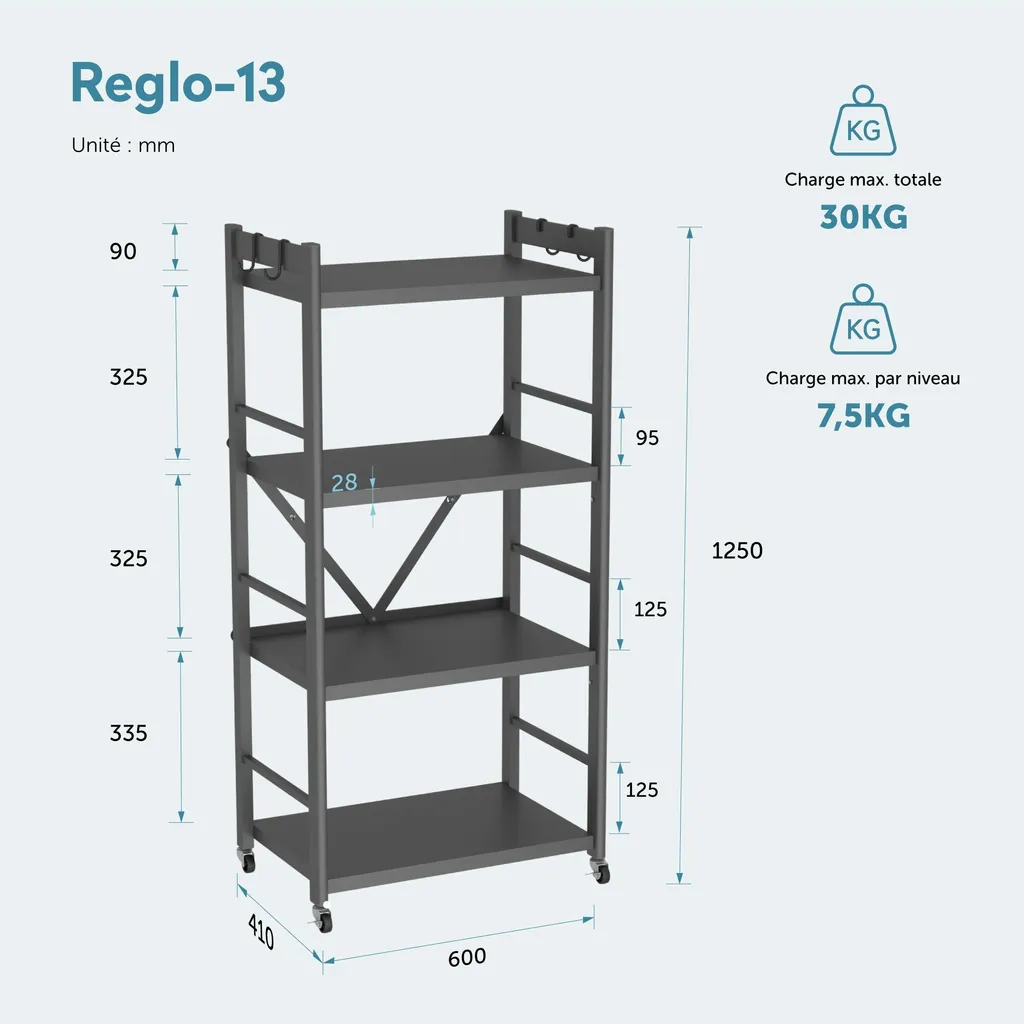 Étagère de Rangement Cuisine doporro Reglo-13 - 4 Niveaux en Acier - 8