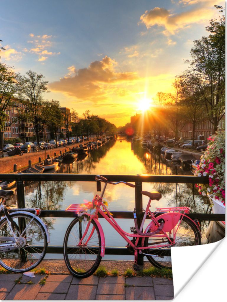 MuchoWow Poster Amsterdam - Blumen - Brücke - Fahrrad - Sonnenuntergang 120x160 cm - Wandbilder
