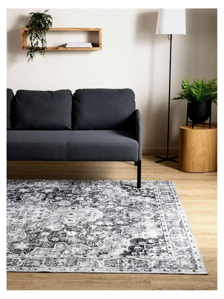 Vintage Teppich Wohnzimmer Gent - 240x340 cm Anthrazit - Für Schlafzimmer, Esszimmer, Kinderzimmer - Kurzflor waschbar und rutschfest, Print Muster