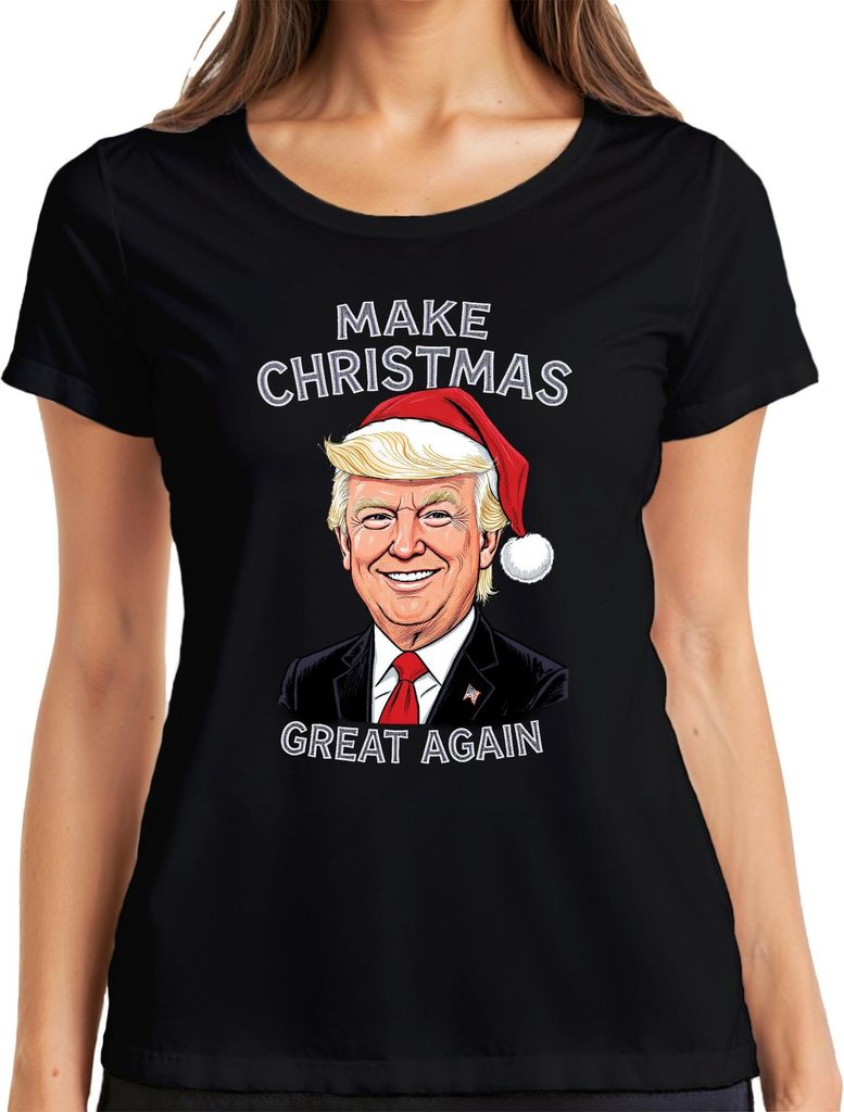 MAKE CHRISTMAS GREAT AGAIN Weihnachten Karikatur Patriotisch USA Damen T-Shirt, Schwarz, S