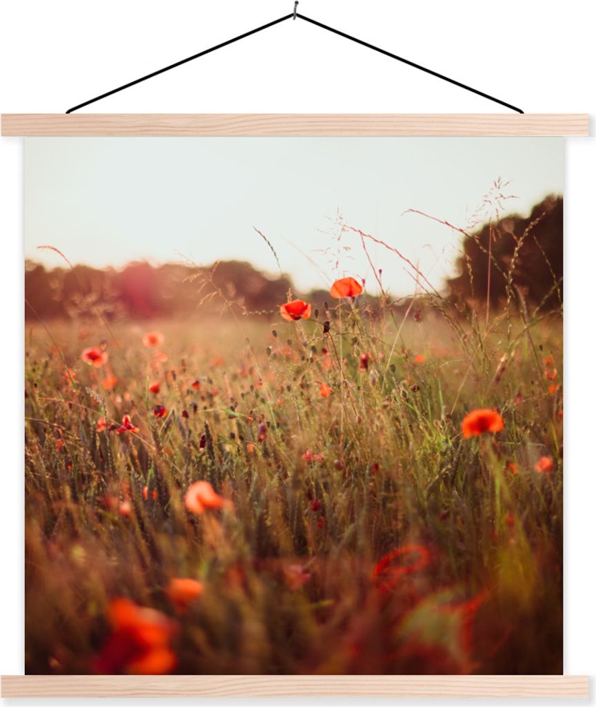 MuchoWow Textilposter Sonnenuntergang - Blumen - Rot 120x120 cm mit holzfarbenen Rahmen - Textil-Poster
