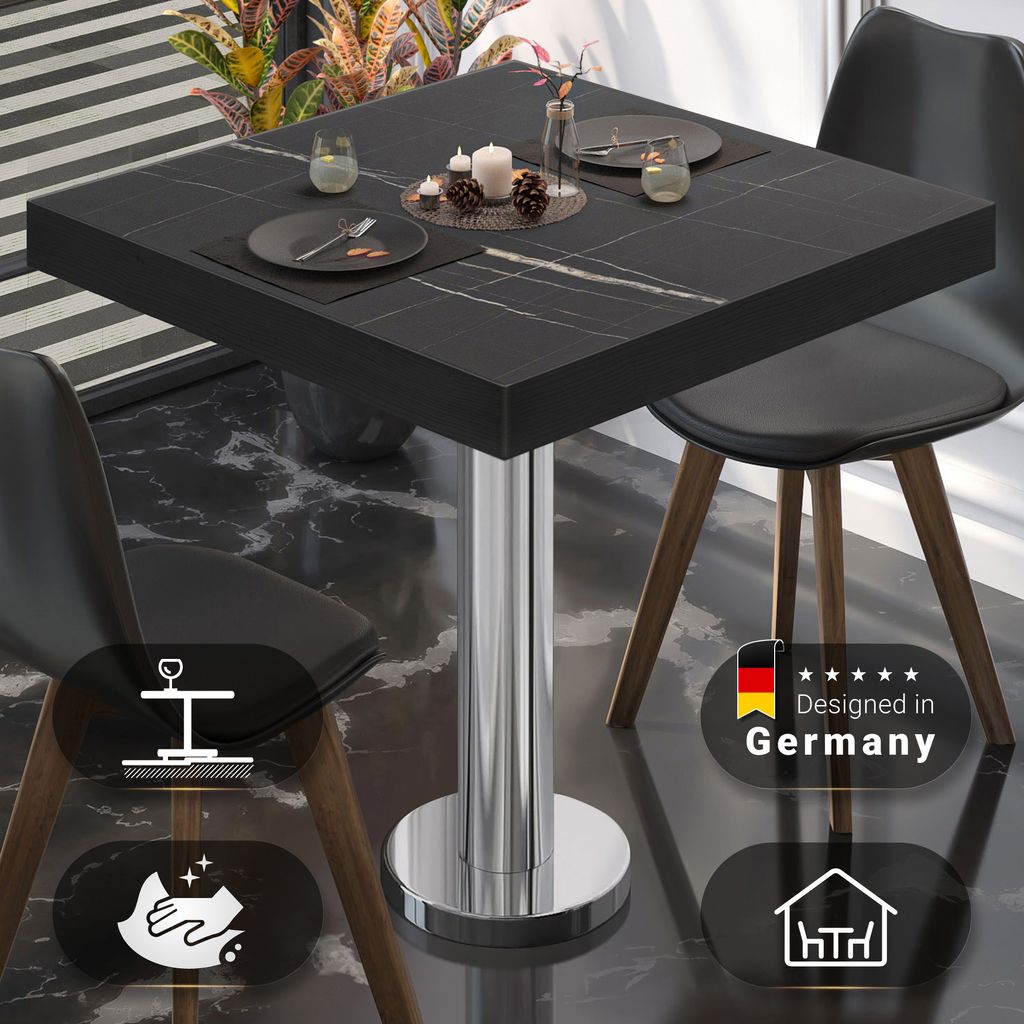 BML | Bistro Tisch | 70 x 70 x 77 cm | Quadratisch | Schwarzer Rand | Schwarz Marmor / Edelstahl | Bistrotisch Gastro Tisch