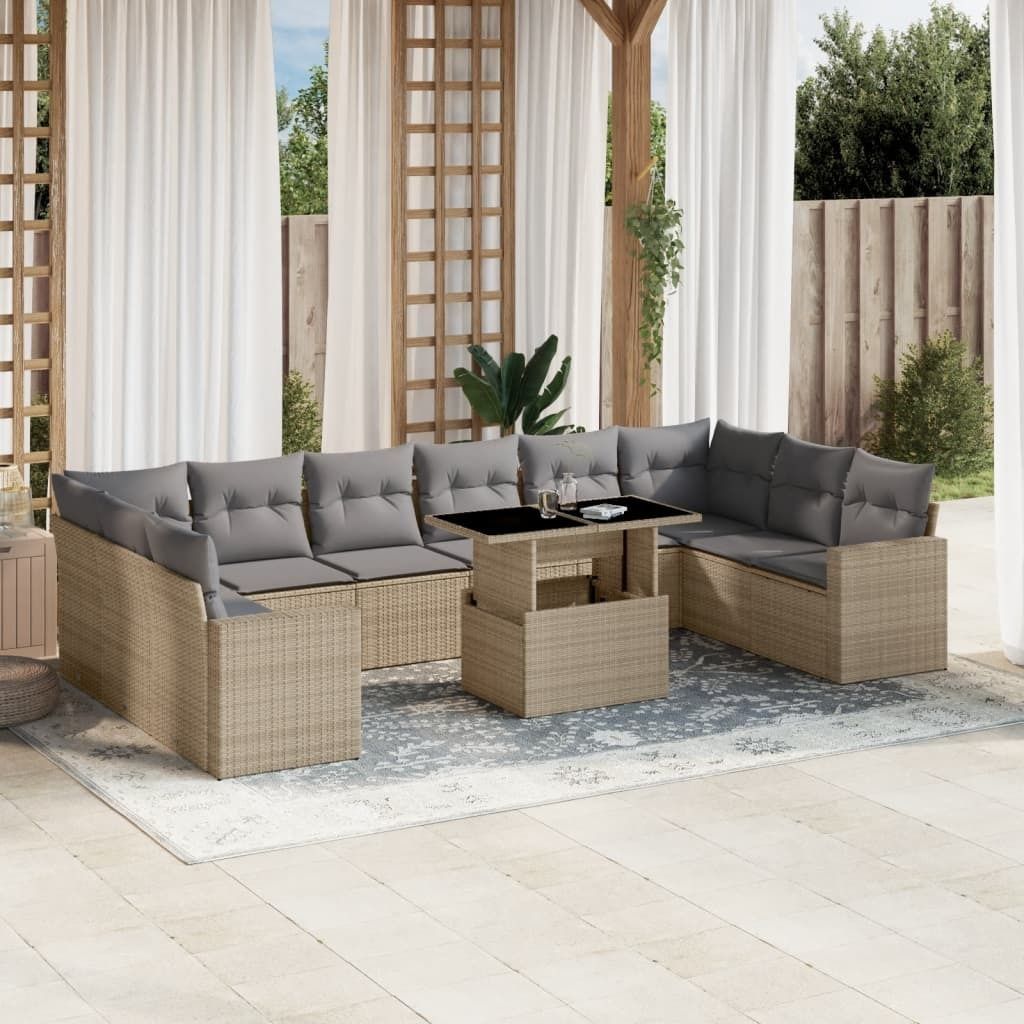 "Rabatt" 11-tlg. Garten-Sofagarnitur - mit sofa - mit Kissen Beige Poly Rattan - Lounge-Dining set CC10426