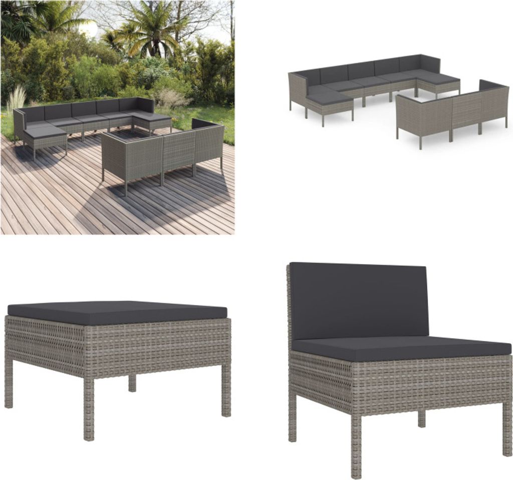 vidaXL 10 tlg. Garten Lounge Set mit Auflagen Poly Rattan Grau - Garten-Sofagarnitur - Garten-Sofagarnituren - Gartensofa-Set - Gartensofa-Sets
