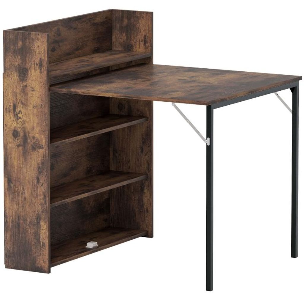Esstisch Klappbar mit Regal, Industrie-Design, Platzsparend, Für Kleine Räume, 80x90x93cm, Rustikal-Braun