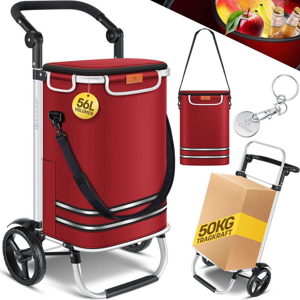 A collage of product images showing a red shopping trolley, a red shoulder bag, a cardboard box with text, and a keychain.