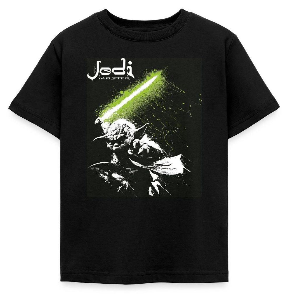 Star Wars Meister Yoda Mit Grünem Lichtschwert Kinder T-Shirt, 122/128 (7-8 Jahre), Schwarz
