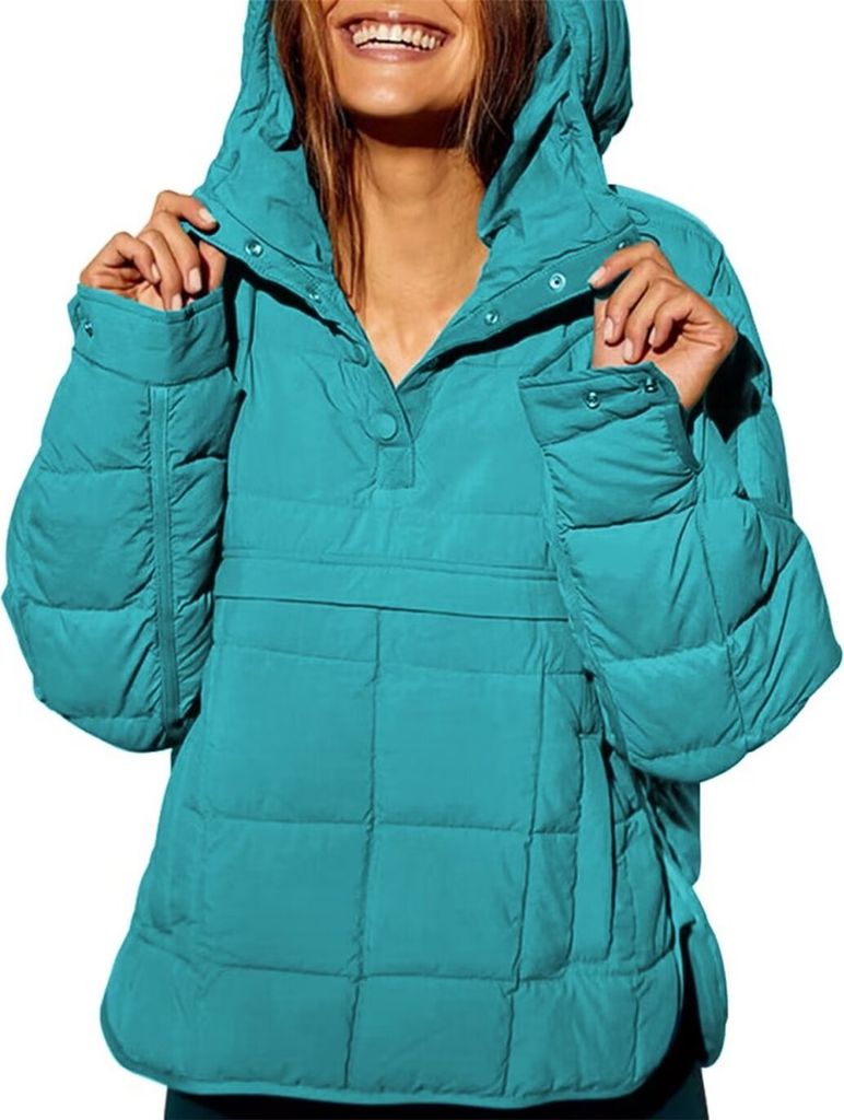 ASKSA Damen Pufferjacke Stepppullover Gesteppt Kapuzenpullover Langarm Jacke Leichte Warme Wintermaentel, Blauer See, S