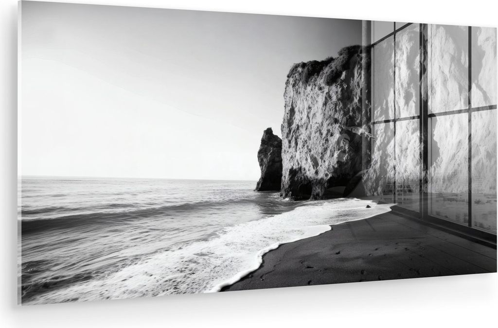MuchoWow Glasbilder - Bilder auf Wandbild - Foto auf Glas Strand - Klippe - Wellen - Fußstapfen 40x20 cm Wanddekoration aus Glas - Acrylglasbild -...