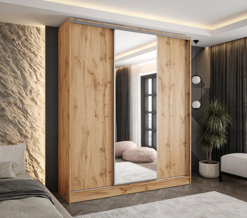 Moderner 3-türiger Schwebetürenschrank Eiche Wotan 210x58x250 cm – mit Spiegel – mit 2 Schubladen – Kleiderschrank für Flur, Schlafzimmer