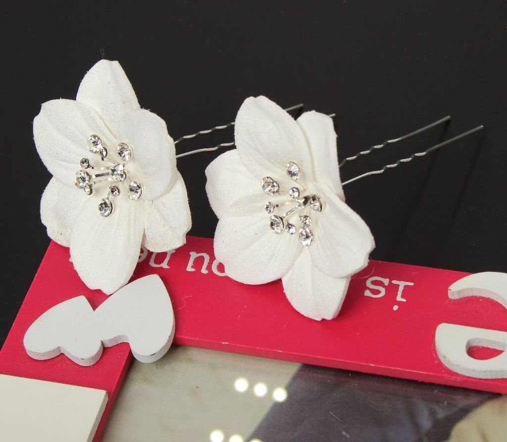 2 Große Blumen Haarnadel mit Strass Braut Kommunion Hochzeit Hairpin Weiß