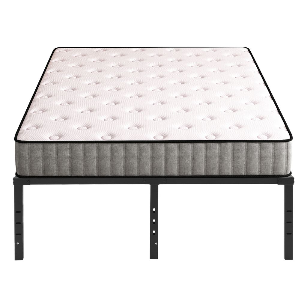 A mattress on a black metal bed frame, shown from a front-facing angle against a white background.