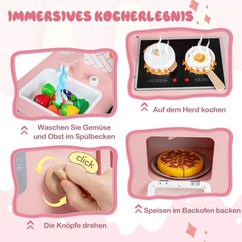 Cuisine bois enfant avec évier inox et cuisinière à boutons interactifs