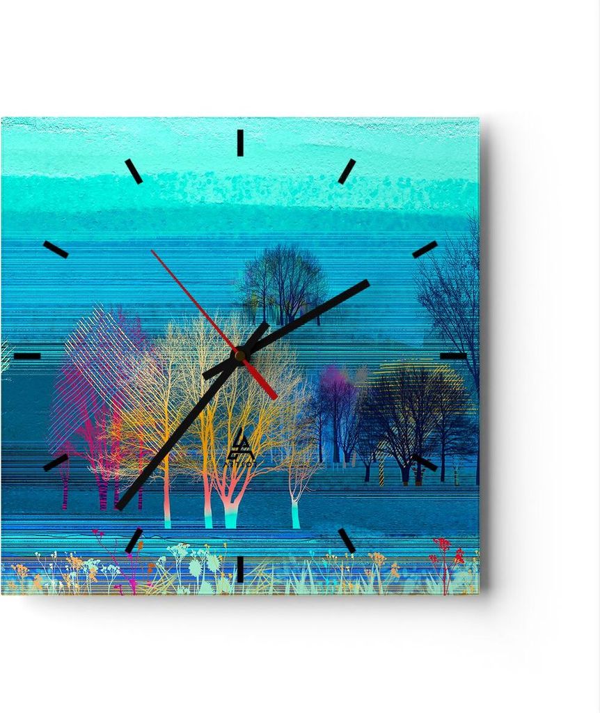 Wanduhr - Quadrat - Glasuhr - Bäume Wiese Sommer - 40x40cm - Schleichendes Uhrwerk - Lautlos - zum Aufhängen bereit - Dekoration Modern - Wanddek...