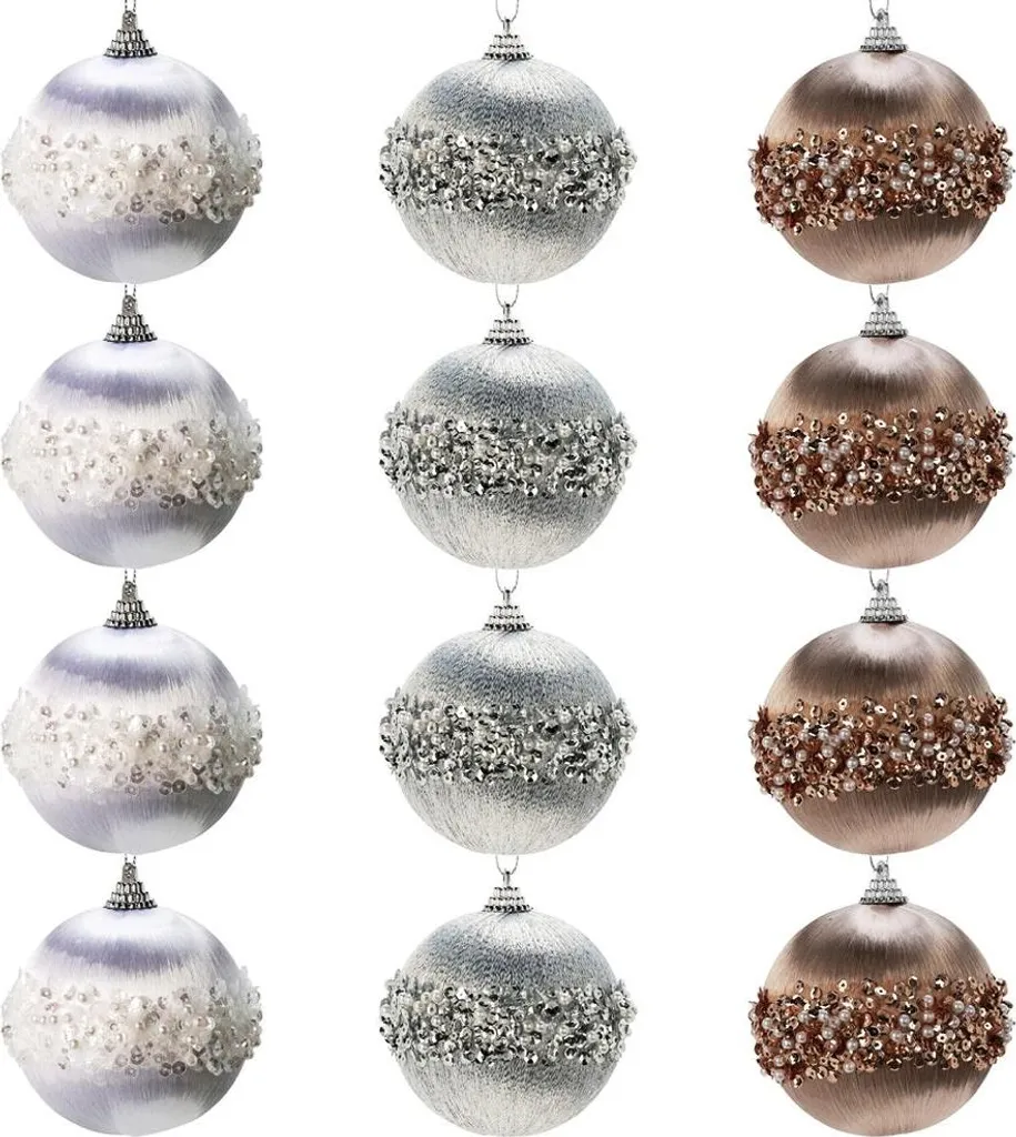 Décoration sapin de Noël blanc argent champagne - 12 boules 8cm incassables