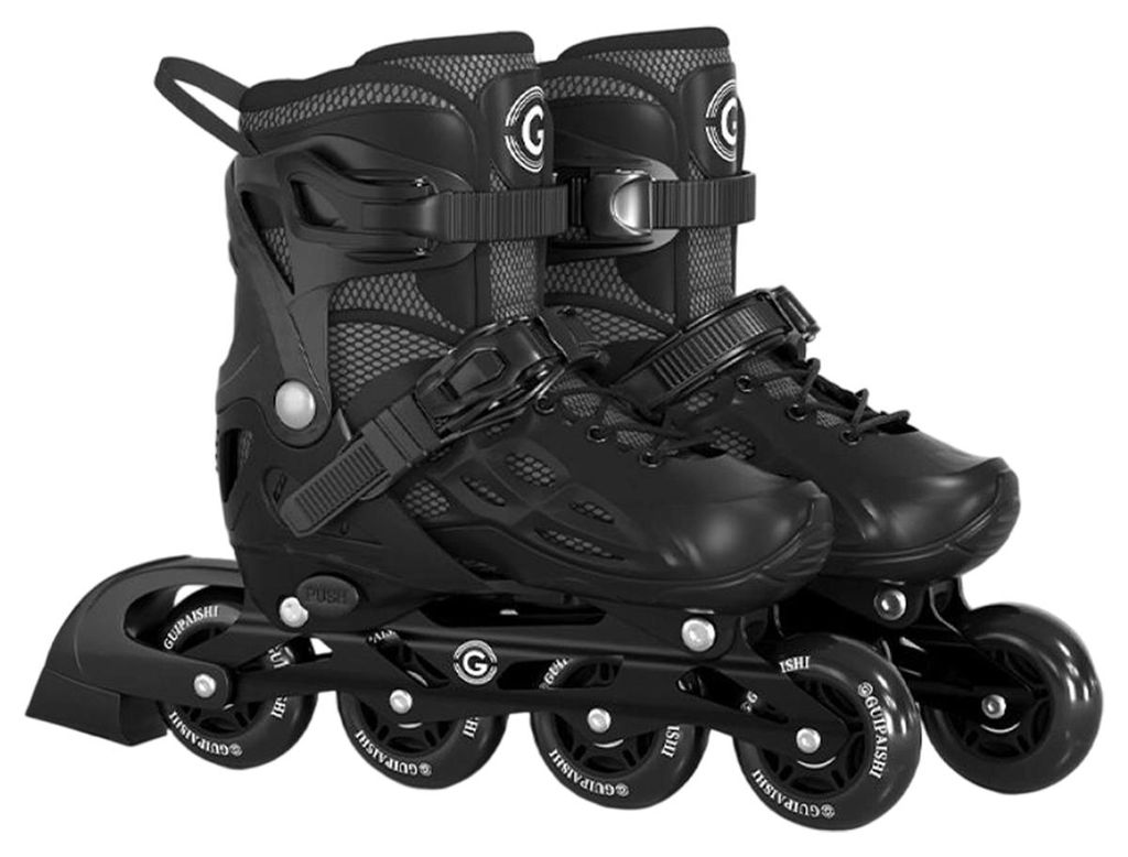 Inlineskates Set - Unisex Anfänger - LED-Rollen - Größenverstellbar M 30–35 - 4 Rollen - Helm, Knie- & Ellbogenschützer, Schuhbeutel - Schwarz