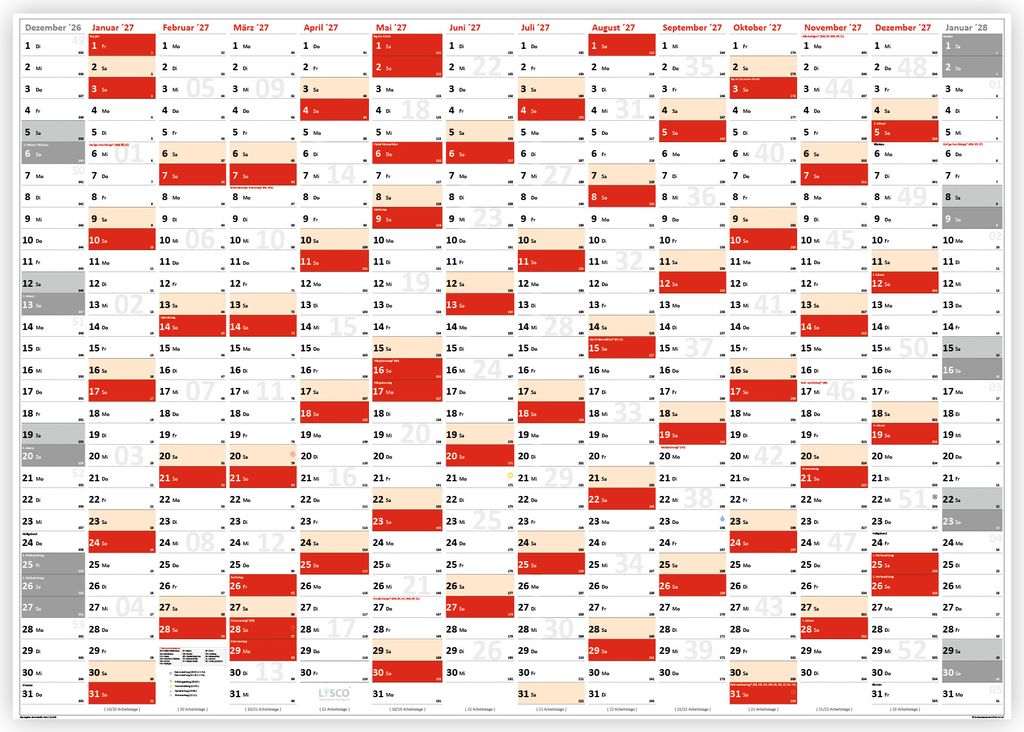 XXL Wandkalender DIN A0 2027 (rot2) große Tageskästchen (Kalender werden gerollt versendet)