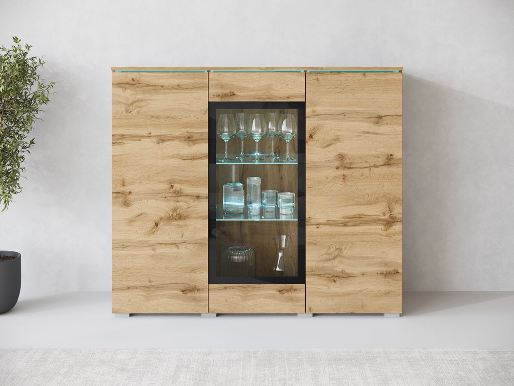 A modern wooden sideboard with a glass-fronted display cabinet featuring LED lighting, showcasing glassware and bottles.