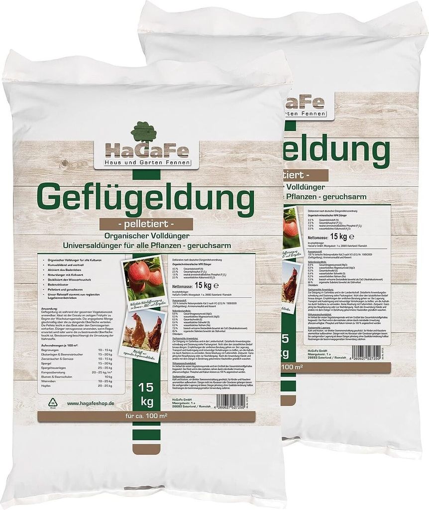 HaGaFe Hühnerdung, Geflügeldung, 2 x 15kg, Hühnermist, Produktbild 