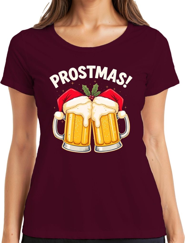 Prostmas Bierkrug Weihnachtsmann Bier Weihnachten lustig Geschenk Damen T-Shirt, Burgundy, XXL