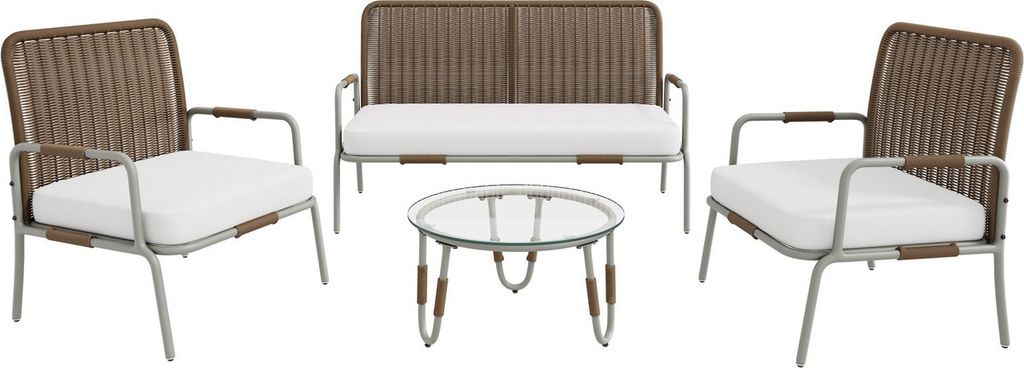 Poly Rattan Sitzgruppe(Braun)Gartenmöbel Sitzgarnitur Garten-Garnitur Set für 4 Personen, mit Sessel, Couchtisch,Kissen, abnehmbarer und waschbarer
