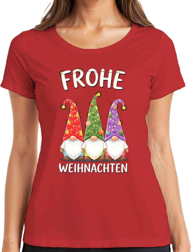 Frohe Weihnachten Wichtel Gnom Weihnachtsmütze Lichterketten Damen T-Shirt, Rot, M