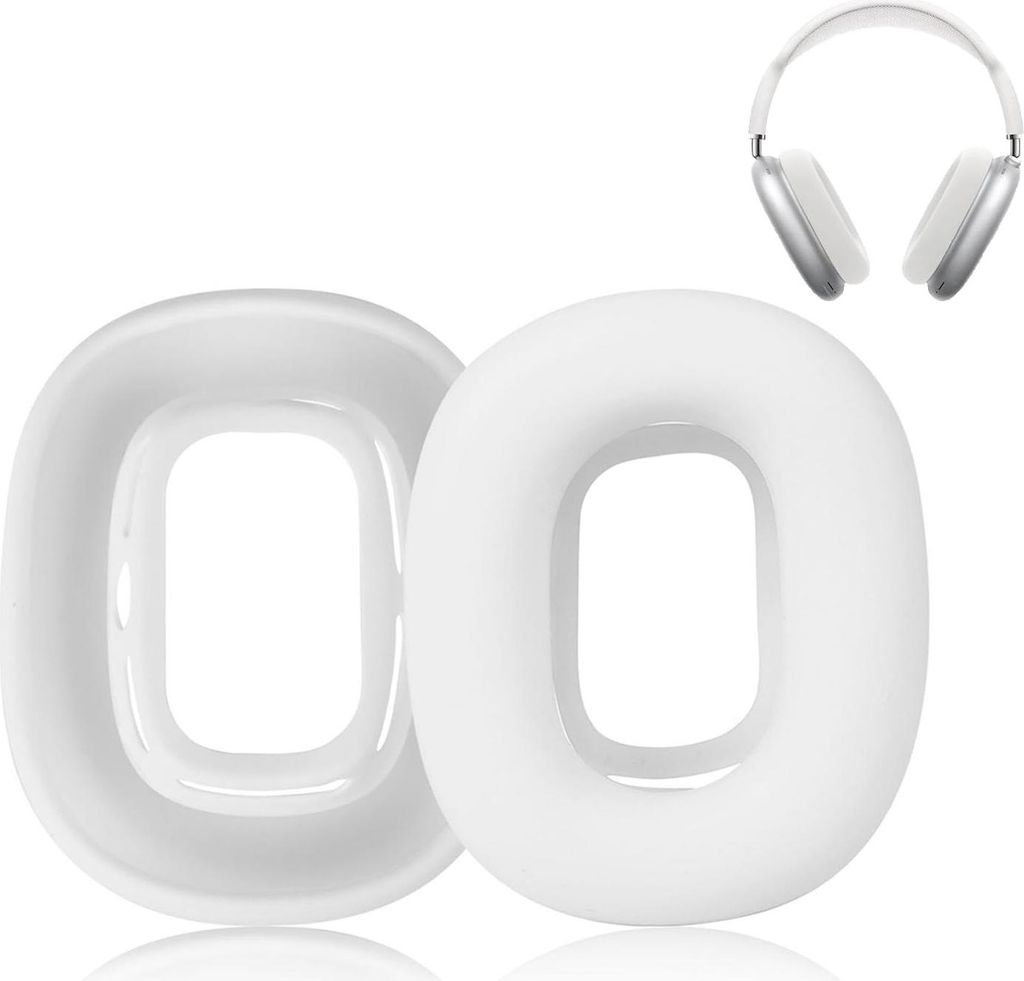 Two white ear pads for headphones are shown in the foreground, with a pair of white headphones in the background.
