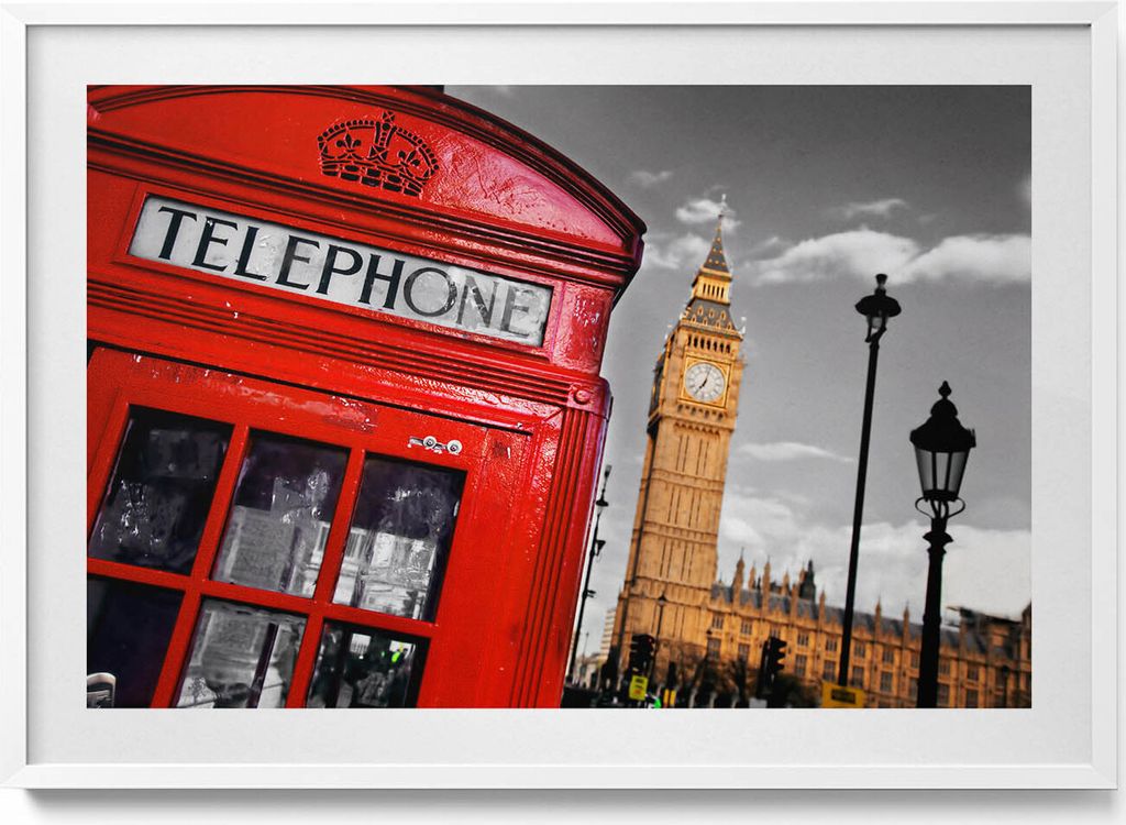 Telefonzelle und Big Ben - England– Wandbild mit Rahmen – Gerahmtes Bild – Wanddekoration – 100x70 cm – Weiß Rahmen