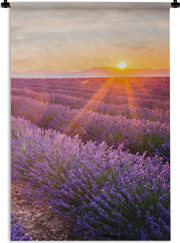 MuchoWow Wandteppich Wandbehang Lavendel - Sonnenuntergang - Blumen - Lila 60x90 cm Tapisserie Dekoration Wandtuch - Foto-Teppich - Abwaschbar
