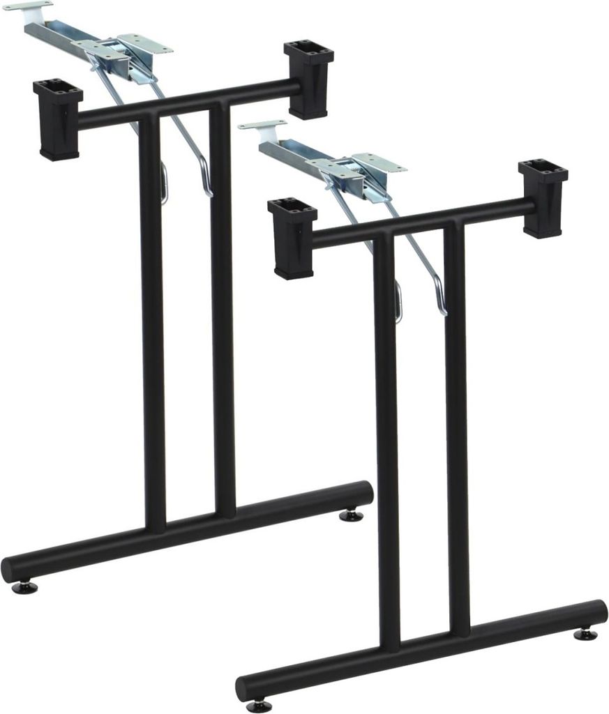 Two identical black metal table legs with silver mounting brackets, presented against a white background.
