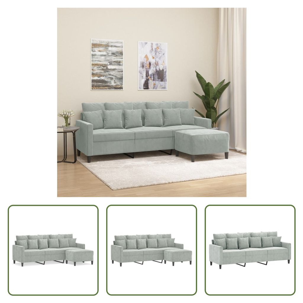 The Living Store 3-Sitzer-Sofa mit Hocker Hellgrau 180 cm Samt