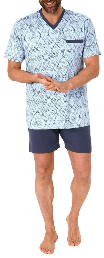 Herren Shorty Pyjama Schlafanzug kurzarm mit grapischen Muster - 102 105 90 488 ; hellblau , 50
