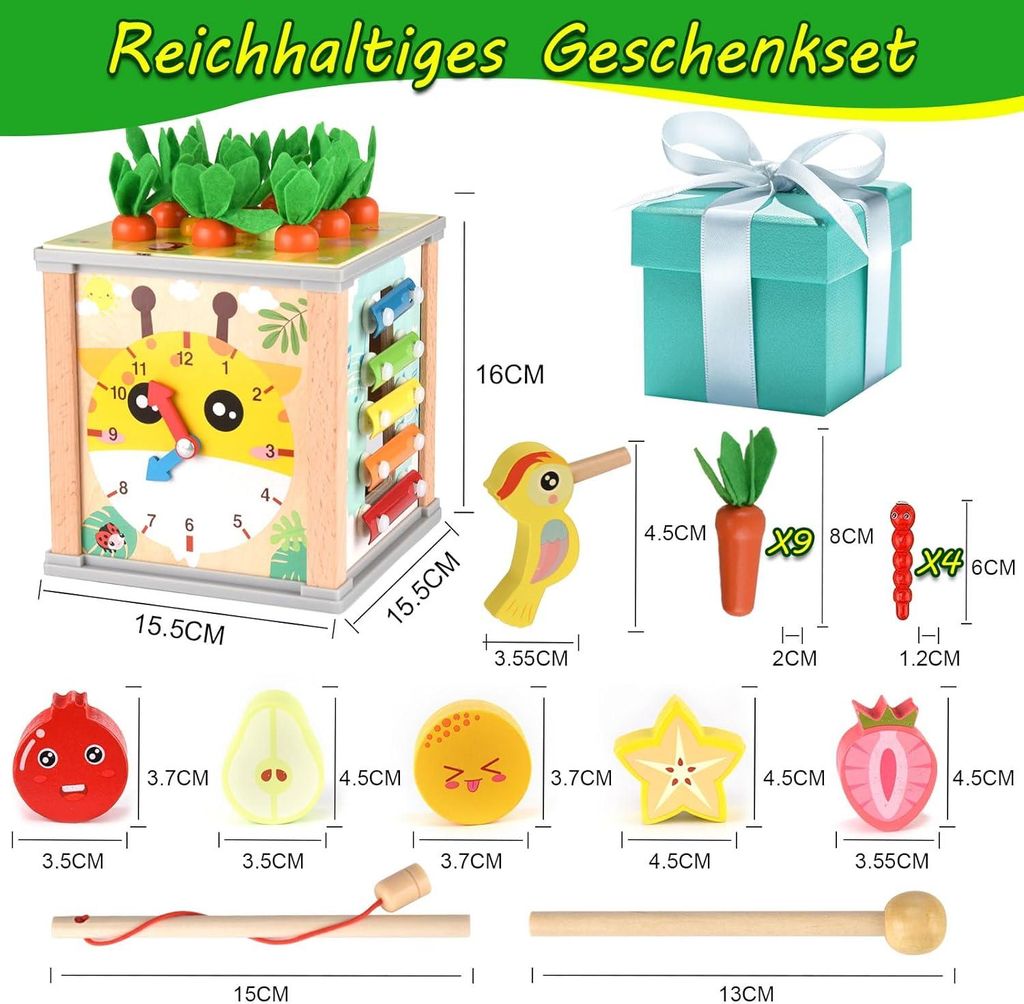 7-in-1 Montessori Aktivitätswürfel aus Holz – Lernspielzeug Produktbild 