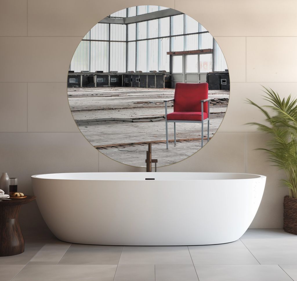 Wallario wasserfestes Poster selbstklebend 120 x 120 cm, Stille und Leere - ein einsamer roter Stuhl in einer alten Halle, Badezimmerposter Spritzs...