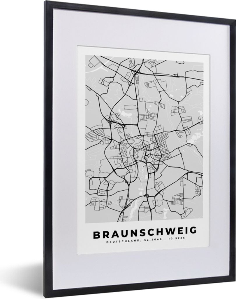 MuchoWow Gerahmtes Poster Deutschland - Stadtplan - Karte - Braunschweig 30x40 cm - Poster mit Schwarzem Bilderrahmen Wandposter Rahmen Foto Bild...