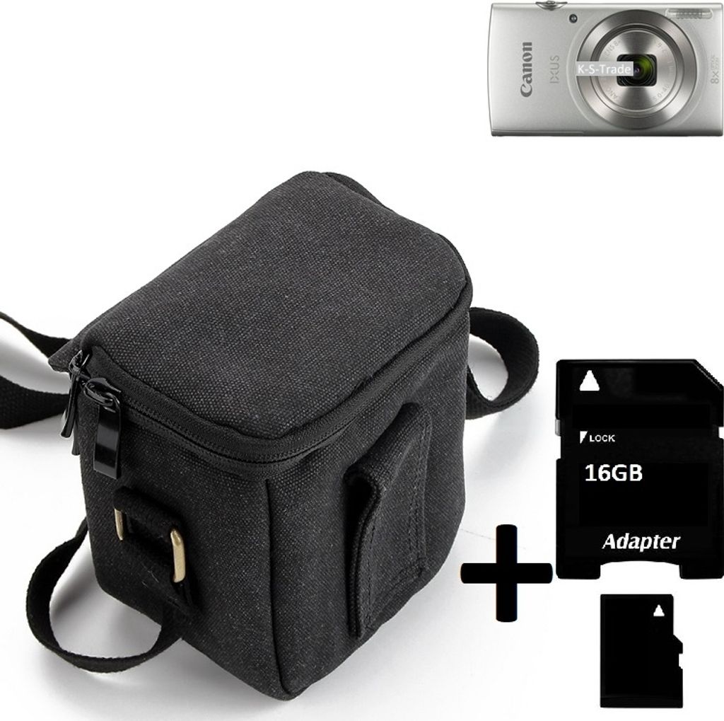 K-S-Trade Umhängetasche kompatibel mit Canon IXUS 185 Schulter Tasche Tragetasche Kameratasche Fototasche + 16GB Speicherkarte schwarz Schutzhülle