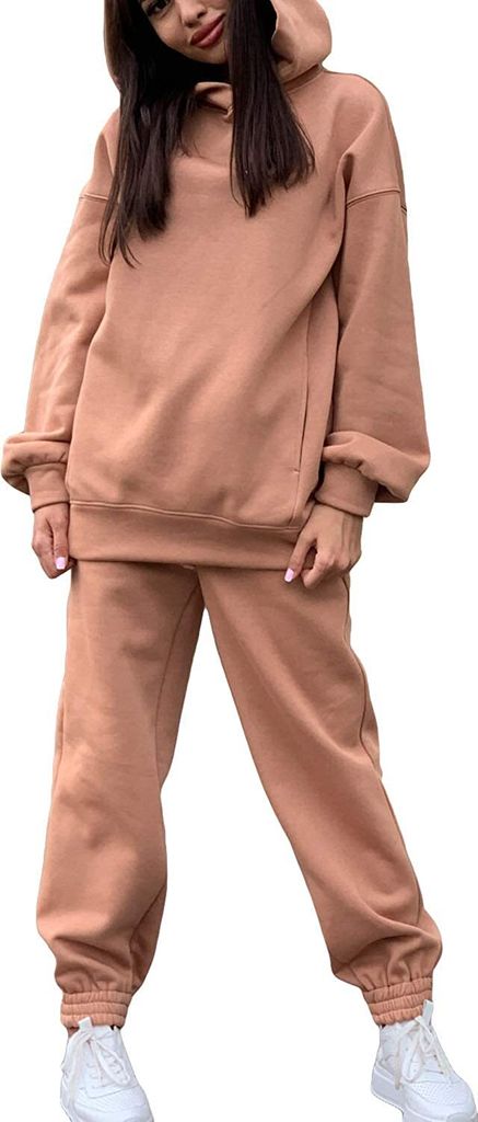 ASKSA Damen 2 Teilig Set Trainingsanzug Freizeitanzug Sportanzug Kapuzenpullover Jogginganzug, Kamel, L