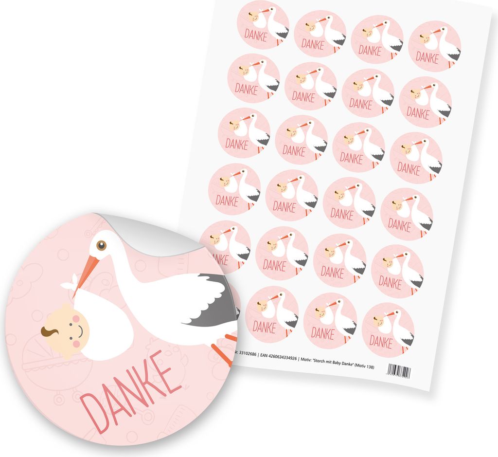 itenga 24x Sticker "Danke / Storch mit Baby" (Motiv 138) rosa pastell