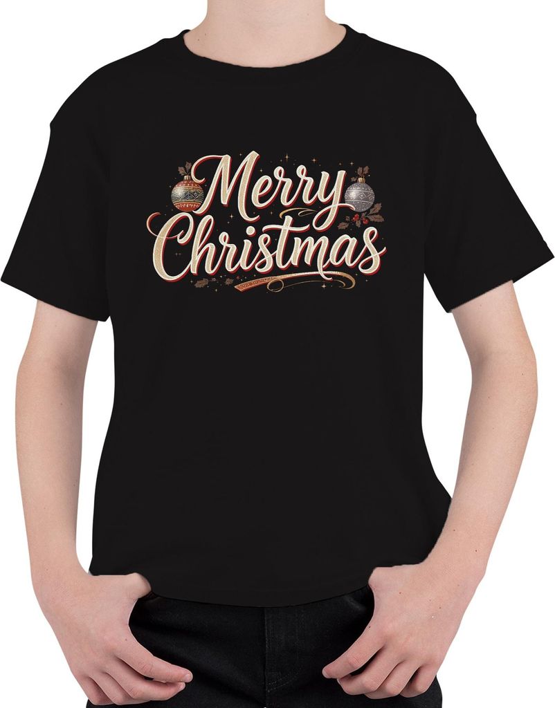 Merry Christmas Weihnachten Weihnachtskugeln Handlettering Retro Uni Kinder T-Shirt, Schwarz, 104