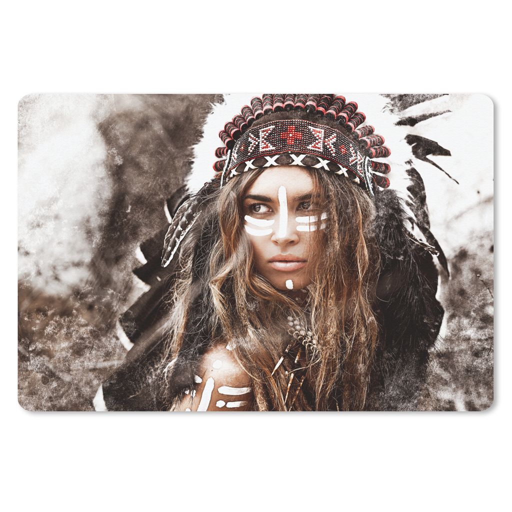 MuchoWow Schreibtischunterlage Frau - Indianergewand - Federn - Streifen 60x40 cm - XXL Mauspad - Großes Mauspad