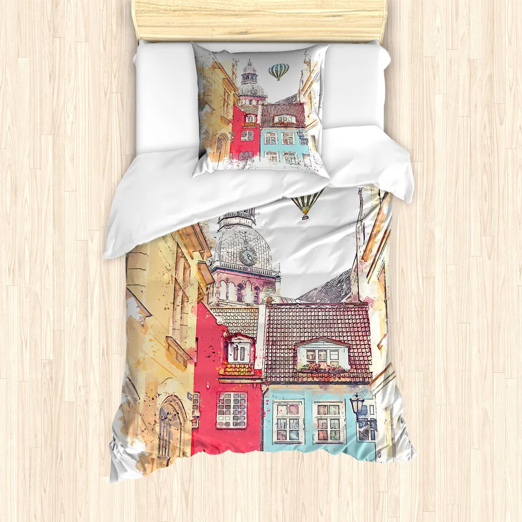 ABAKUHAUS Set copripiumino per letto singolo, acquerello, architettura di Riga, antiacaro, adatto a chi soffre di allergie, con federa, 135 cm x 200 cm - 80 x 80 cm, multicolore